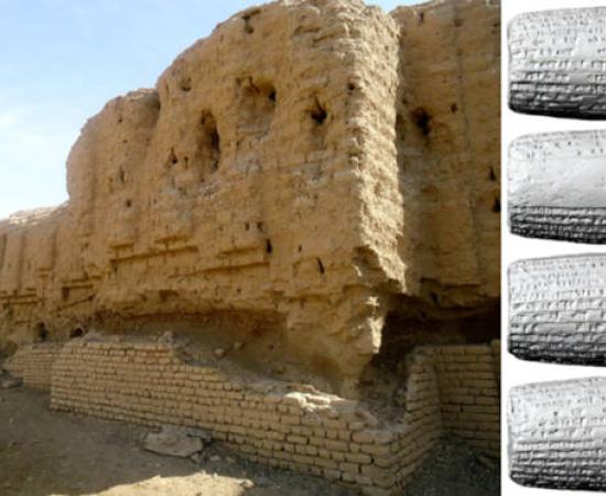 Left, ruins of ziggurat of Kish, Right clay cylinder recording its restauration plans.