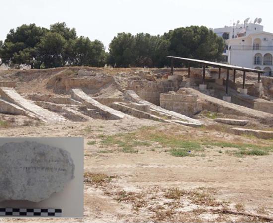 A limestone plaque with Phoenician writing was uncovered in archaeological digs at Kition, Cyprus, Greece this past year that took place, in part, under a former tennis court. 	Source: Department of Antiquities, Republic of Cyprus