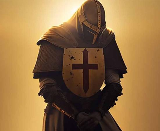A wounded Knights Templar is on his knees praying to God. Source: Stephen Pierce/Adobe Stock