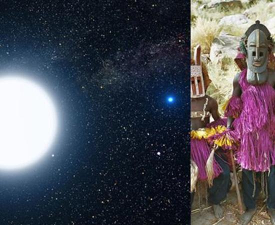 An artist's impression showing how the binary star system of Sirius A and its diminutive blue companion, Sirius B, might appear to an interstellar visitor. Dogon people, Mali.