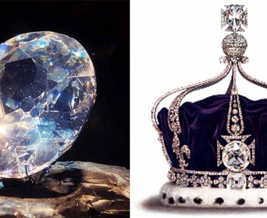 A Kohinoor Diamond replica, and as inset in Queen Mary’s crown, 1919.        Source: Left; aiva / CC BY 2.0, Right; Public Domain