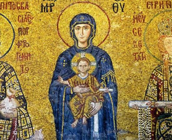 Komnenian Dynasty mosaic in the Hagia Sofia, Istanbul, Turkey. The Virgin Mary and baby Jesus are flanked by John II Komnenos and his wife, Irene of Hungary.