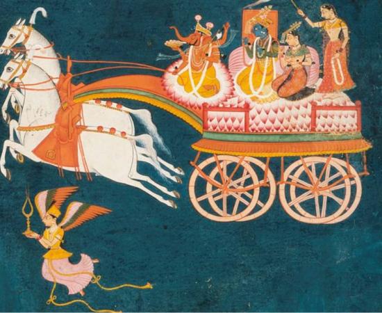 Krishna and Rukmini as Groom and Bride in a Celestial Chariot