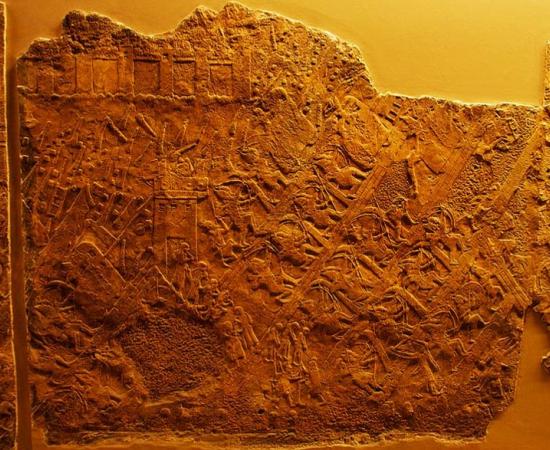 One of the panels from the Lachish Reliefs depicting the Assyrian assault on Lachish. 