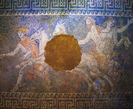 The mosaic of the third chamber of the Amphipolis tomb, representing the Abduction of Persephone by Pluto. 