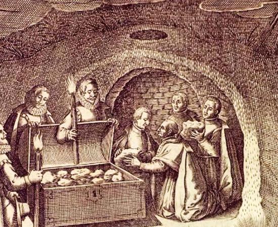 Etching by Francisco Heylan depicting the discover of the Lead Books of Sacromonte. Source: Public domain