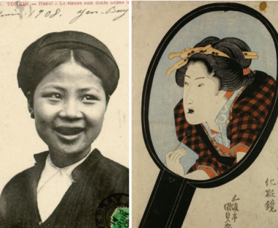 Left; A Tonkin woman with black-painted teeth, 1908. Right Woman Applying Ohaguro While Looking into a Mirror