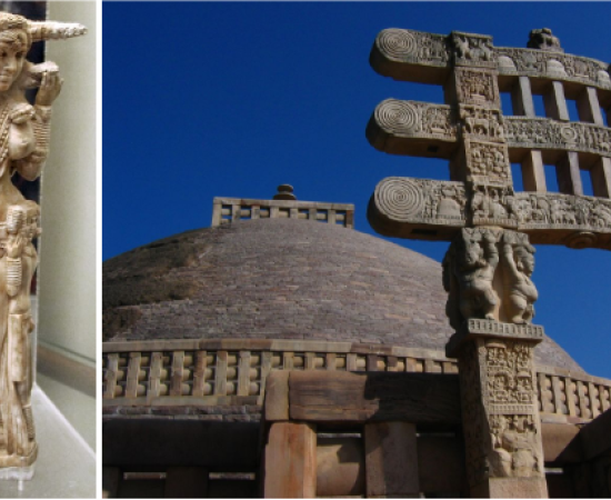 Left; An ivory statuette of Lakshmi (1st century AD), discovered in the ruins of Pompeii.  Right; Great Stupa at Sanchii.