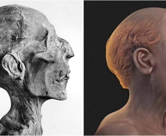 Left; Mummified skull of Ramesses II, Right; Reconstructed face of Ramesses by Cicero Moraes	.	Source: Left; G. Elliot Smith/Public domain, Right; © Cicero Moraes