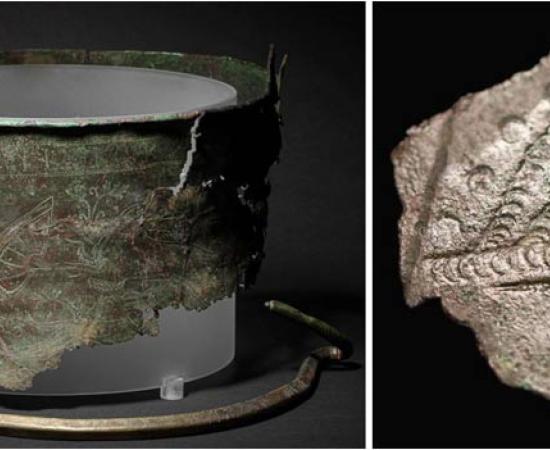 : Left, the reconstructed Bromeswell Bucket, and right, a newly found fragment. 	Source: © National Trust