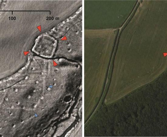 A probable Iron Age or Roman enclosed settlement (red arrows) and associated field system (blue arrows) revealed by LiDAR data but hidden today beneath woodland.       Source: University of Exeter