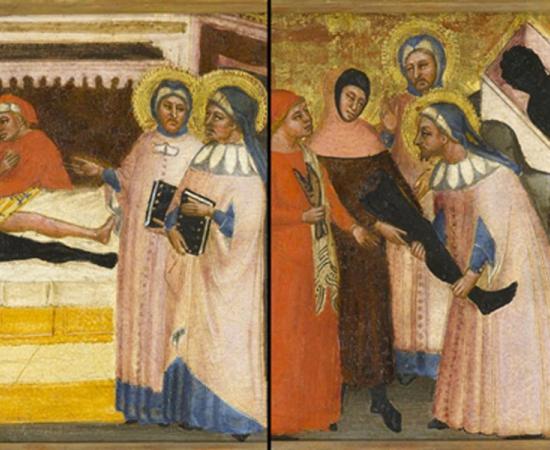 The painting of Saints Cosmas and Damian that shows the reported miraculous healing of a man by amputating his leg and transplanting the healthy leg of a dead man onto his body, then placing the diseased leg in the casket of the deceased. 