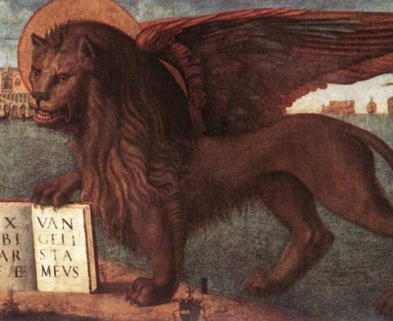 Mark the Evangelist symbol is the winged lion, the Lion of Saint Mark. Canvas painting, circa 1516.