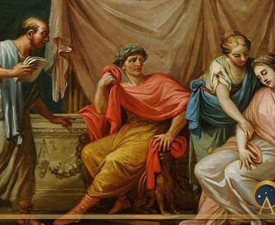 Virgil reading the Aeneid to Emperor Augustus, his wife Livia and fainting sister Octavia by Antonio Zucchi (1767) (Public Domain)