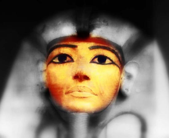 Face of the coffin in which the mummy of Ramesses II was found. (Credit: Petra Lether, designed by Anand Balaji)