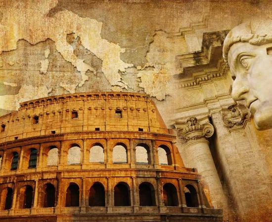 Montage of Roman Empire imagery including statue representative of Livy.	Source: Freesurf/Adobe Stock