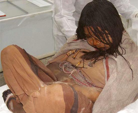 "The Maiden", one of the discovered Llullaillaco mummies, a preserved Inca human sacrifice from around the year 1500