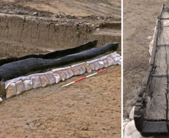 Bronze Age log boat outside in Cambridgeshire, England.