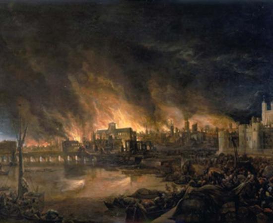 The Great Fire of London on the evening of Tuesday, 4 September 1666. To the left is London Bridge; to the right, the Tower of London. St. Paul's Cathedral is in the distance, surrounded by the tallest flames. Source: BevinKacon / Public Domain.