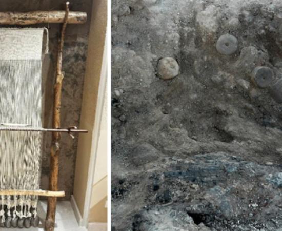 Left; Reconstruction of a Bronze Age warp-weighted loom, on display at the Alcoy Archaeological Museum. Right; the Bronze Age loom remains in situ at the find site