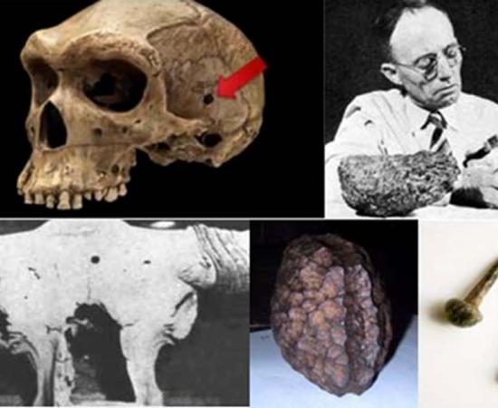 Clockwise: Rhodesia Man (YouTube Screenshot), H. H. Nininger (Fair Use), Auroch skull (Technology of the Gods: The Incredible Sciences of the Ancients), Salzburg Cube (Public Domain),Roman Nails (CC BY-SA 2.0)