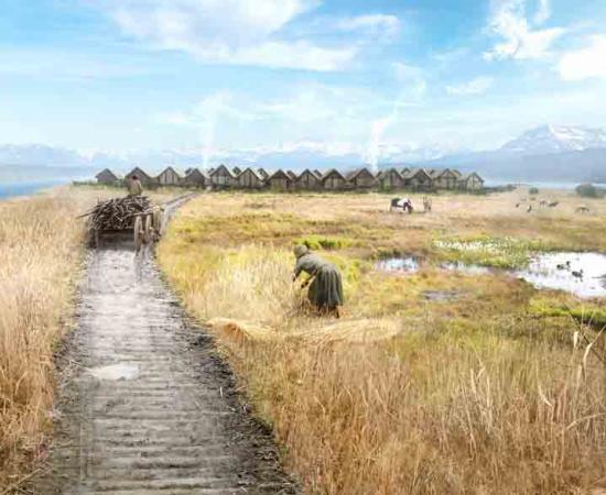 An artist's impression of life at a Lucerne area stilt village.