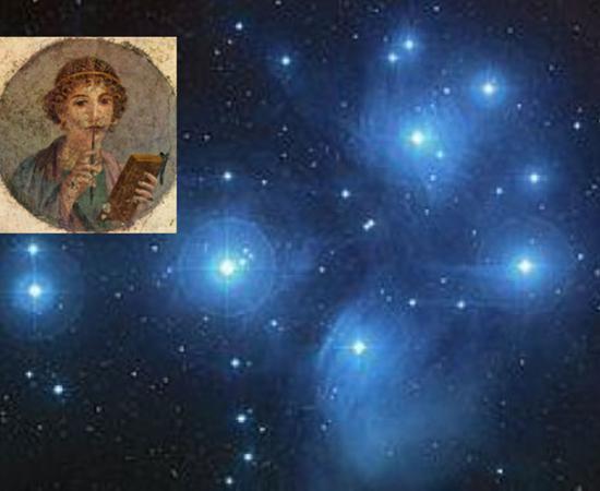 A color composite image of the Pleiades from the Digitized Sky Survey. Credit: NASA/ESA/AURA/Caltech. Inset: Sappho fresco 