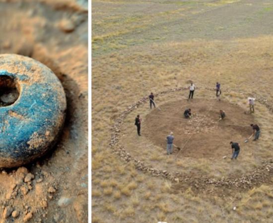 Left; Mace found in burial mound, Right; Archaeological excavation works being carried out at mound (kurgan) No. 4 in the Sariyokhus valley, Azerbaijan