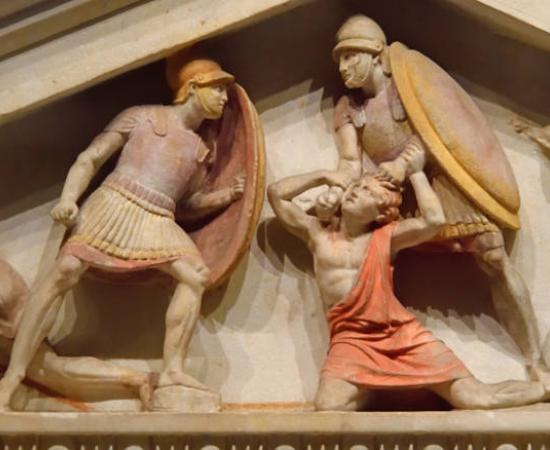 Alexander Sarcophagus pediment above battle scene. 