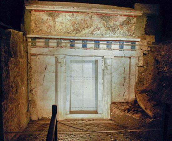 The tomb of Philip II of Macedon at the Museum of the Royal Tombs in Macedonian Aigai, Vergina     . Source: Public Domain