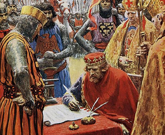 King John reluctantly signing the Magna Carta.