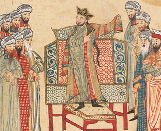 A miniature from the Rashid al-Din’s Jami‘ al-Tawarikh showing Mahmud of Ghazni receiving a richly decorated robe of honour form the Abbasid caliph in 1000 AD. 