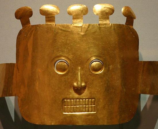 Funerary Mask, from Malagana 200BC-200AD on exhibit with the exhibit "The Spirit of Ancient Columbian Gold". 