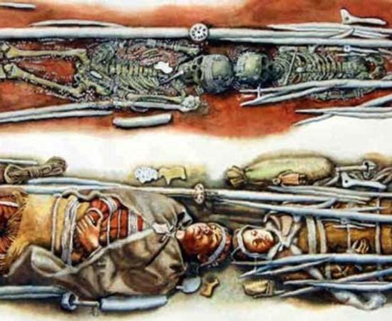 The skeletons and a depiction of what the grave may have originally looked like.