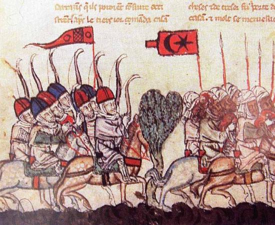The battle of Wadi al-Khazandar in 1299, depicting Mongol archers and the Mamluk cavalry.		Source: Public domain
