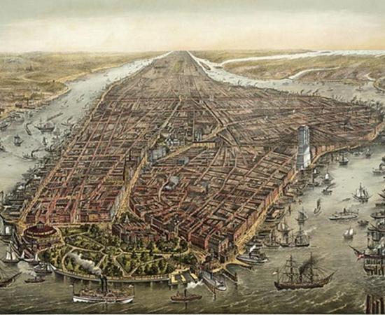 Bird's eye panorama of Manhattan in 1873. The Brooklyn Bridge was under construction from 1870 until 1883. 