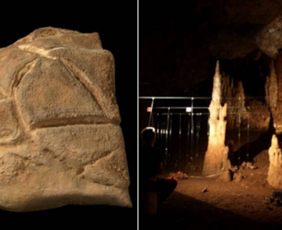 Left; the boulder with tortoise marking engraved. Right; Manot Cave, Galilee, Israel. 