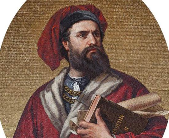 The famous mosaic of Marco Polo displayed in the Palazzo Doria-Tursi, Italy, a man we now know more about with the latest evidence of a likely-earlier daughter by him in Venice.		Source: Salviati / Public domain