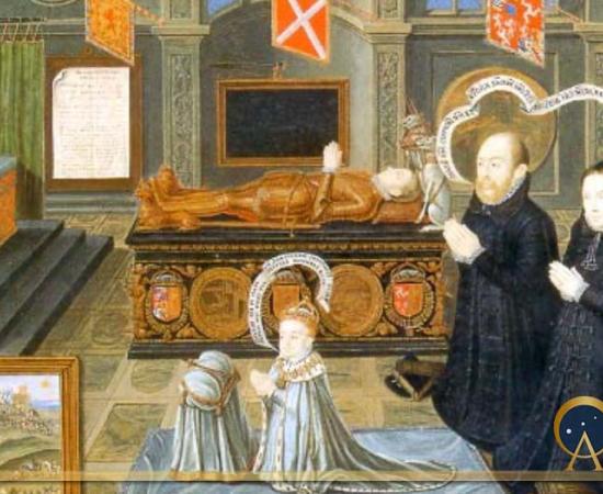 Margaret Douglas and her husband Matthew, Earl of Lennox, their young son Charles and grandson James VI of Scotland, next to the body of their son Lord Darnley, consort to Queen Mary of Scots and father of James VI, by Livinus De Vogelaare (1567) (Public Domain)