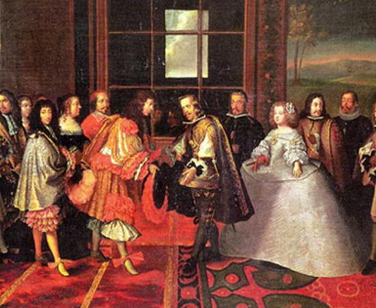 Meeting on the Isle of Pheasants, June 1660; Maria Theresa is handed over to the French and her husband by proxy, Louis XIV.  