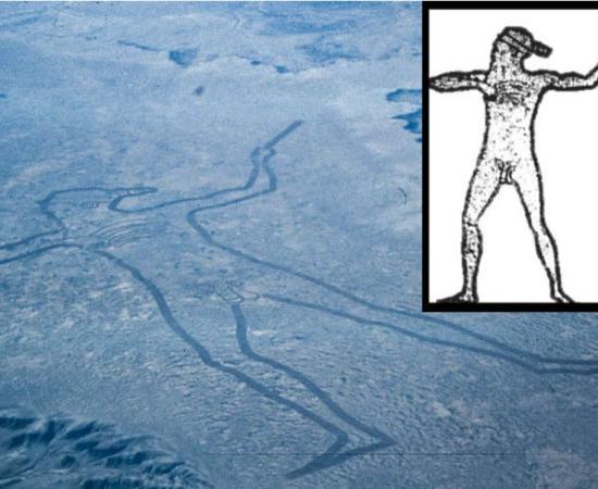 An aerial view of Marree Man and an outline illustrated by Lisa Thurston. 
