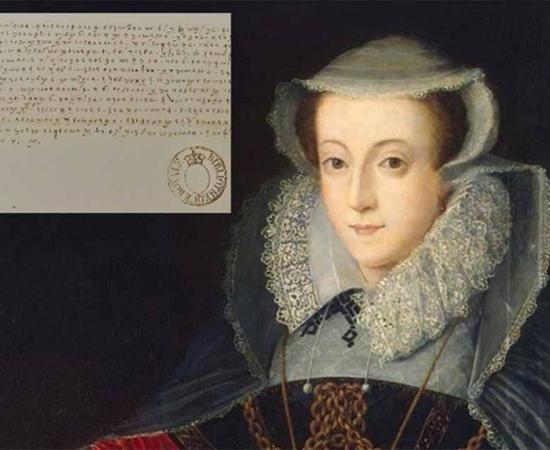 Portrait of Mary, Queen of Scots, detail. Inset, Section of one of the 50 scripts, made up of graphical symbols, found by the code breaker team in the National Library of France.   Source: Public Domain /inset; Bibliotheque National de France