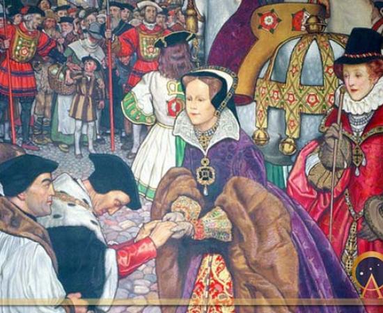 Royal Entry of Queen Mary I with Princess Elizabeth into London by Byam Shaw (1910) (Public Domain)