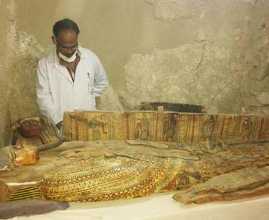 A well-preserved wooden coffin found inside the tomb of an ancient noble in Luxor, Egypt.