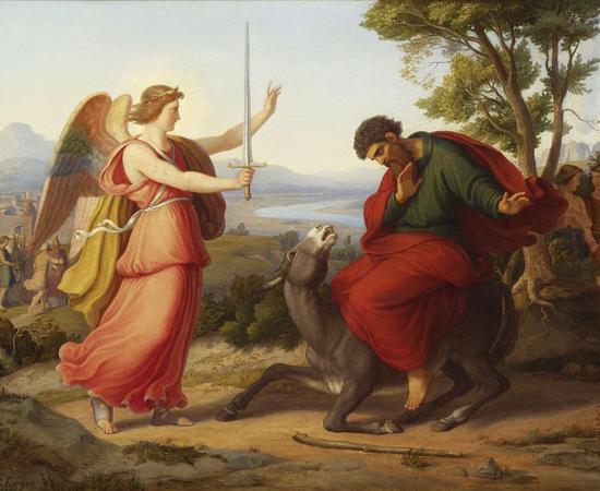 Balaam and the Angel, who is said to be the evil angel or Jewish Satan Mastema, by the painter Gustav Jaeger. 		Source: Gustav Jäger/ Public domain