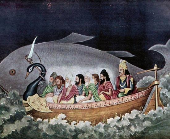 Matsya protecting Svayambhuva Manu and the seven sages at the time of Deluge 