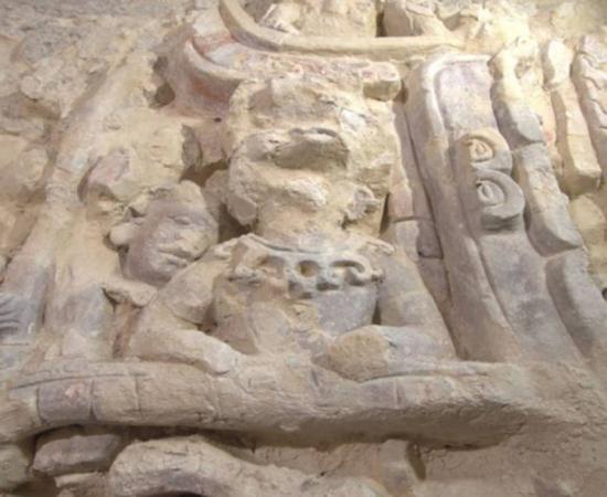 One of the Kaanu'l dynasty plaster reliefs found at Archaeological Zone of Dzibanché, Mexico. 