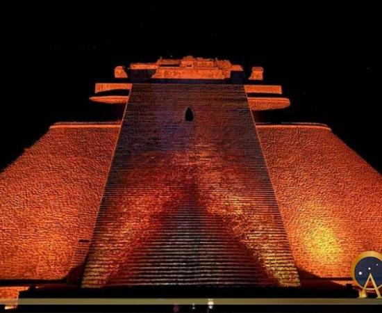 The Pyramid of the Magician at Uxmal, a Maya observatory, under a starry sky which includes the constellation of Orion, to the left. (Image: © Jonathon Perrin)