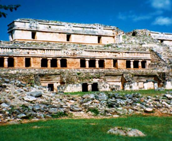 The Palace at Sayil, a Maya city on the Gulf of Mexico side of the Yucatan Peninsula. Heavily damaged by ancient floods, complete reconstruction is impossible because of scattered stoneworks. 