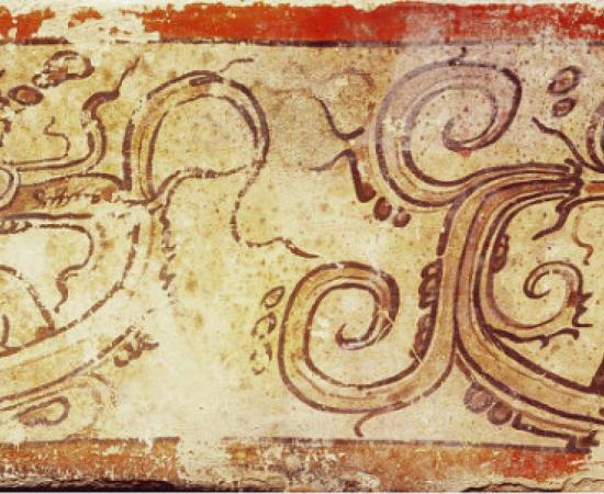 An illustration of K'awiil, the Maya god of storm, on pottery. 